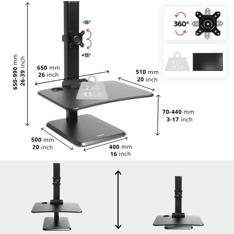 Duronic DM05D14 BKPostazione da lavoro per computer con ampia piattaforma 65 cm scrivania ufficio per pc monitor tastiera  altezza regolabile da 72 a 116 cm
