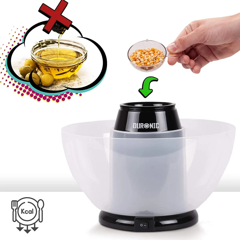 Duronic POP50 BK Macchina per Popcorn ad aria calda  Capacità di 50 g con ciotola rimovibile  Senza grassi o oli  Pop-corn senza olio  Basso contenuto calorico