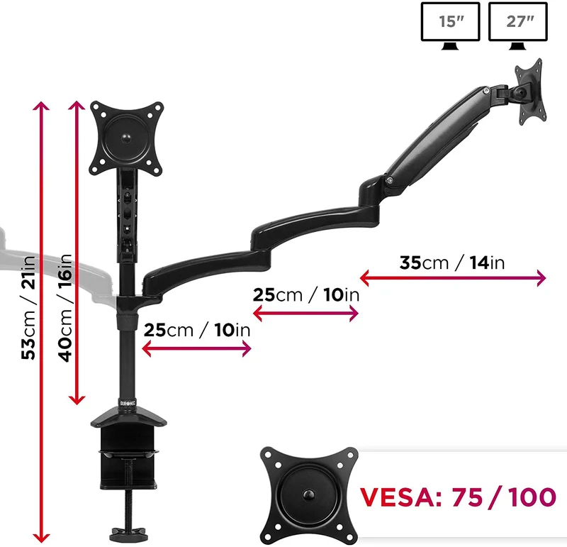 Duronic DM553 BK Braccio per 3 monitor da 15 a 27 pollici | Supporto schermi doppio | Inclinazione e altezza facilmente regolabile | VESA 75 100 | Supporto monitor ergonomico doppio articolato per PC