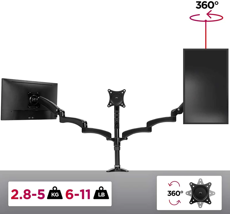 Duronic DM553 BK Braccio per 3 monitor da 15 a 27 pollici | Supporto schermi doppio | Inclinazione e altezza facilmente regolabile | VESA 75 100 | Supporto monitor ergonomico doppio articolato per PC