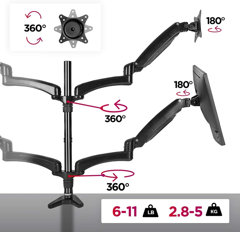 Duronic DM554 BK Braccio per 4 monitor da 15 a 27 pollici | Supporto schermi doppio | Inclinazione e altezza facilmente regolabile | VESA 75 100 | Supporto monitor ergonomico doppio articolato per PC