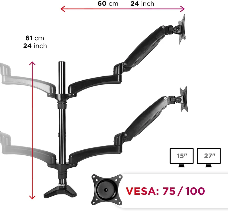 Duronic DM554 BK Braccio per 4 monitor da 15 a 27 pollici | Supporto schermi doppio | Inclinazione e altezza facilmente regolabile | VESA 75 100 | Supporto monitor ergonomico doppio articolato per PC