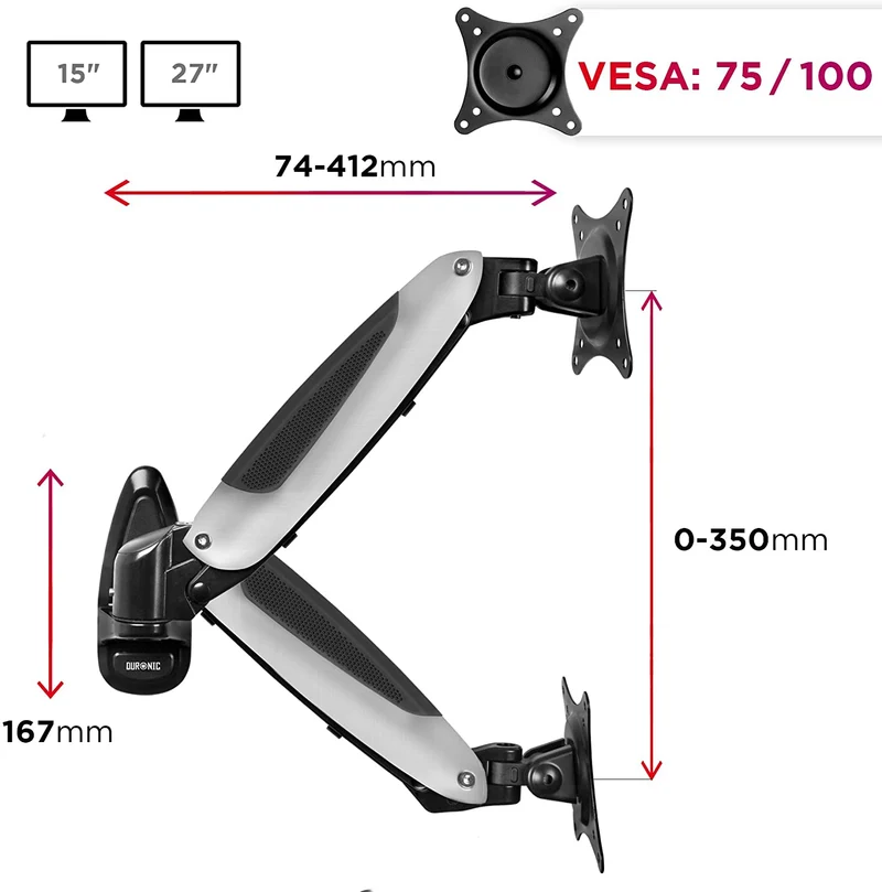 Duronic DM65W1X1 Supporto monitor da parete | Per schermi da 15 a 27 pollici | Inclinazione regolabile | Capacità 8 kg |VESA 70 100 | Supporto ergonomico murale | Con ganci gestione cavi | Universale