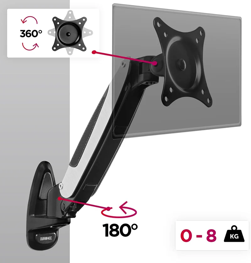 Duronic DM65W1X1 Supporto monitor da parete | Per schermi da 15 a 27 pollici | Inclinazione regolabile | Capacità 8 kg |VESA 70 100 | Supporto ergonomico murale | Con ganci gestione cavi | Universale