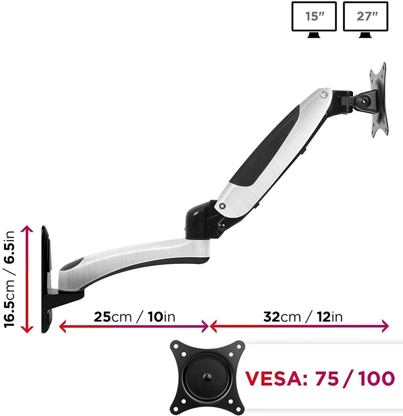 Duronic DM65W1X2 Supporto monitor da parete | Per schermi da 15 a 27 pollici | Inclinazione regolabile | Capacità 8 kg |VESA 70 100 | Supporto ergonomico murale | Con ganci gestione cavi | Universale