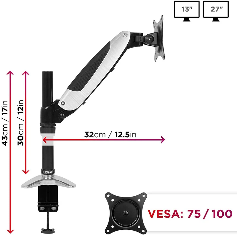 Duronic DM651X1 BK Braccio per un monitor da 15 a 27 pollici | Supporto per schermo singolo | Inclinazione e altezza regolabile | VESA 75 100 | Supporto monitor con tensione gas per PC | Con morsetto