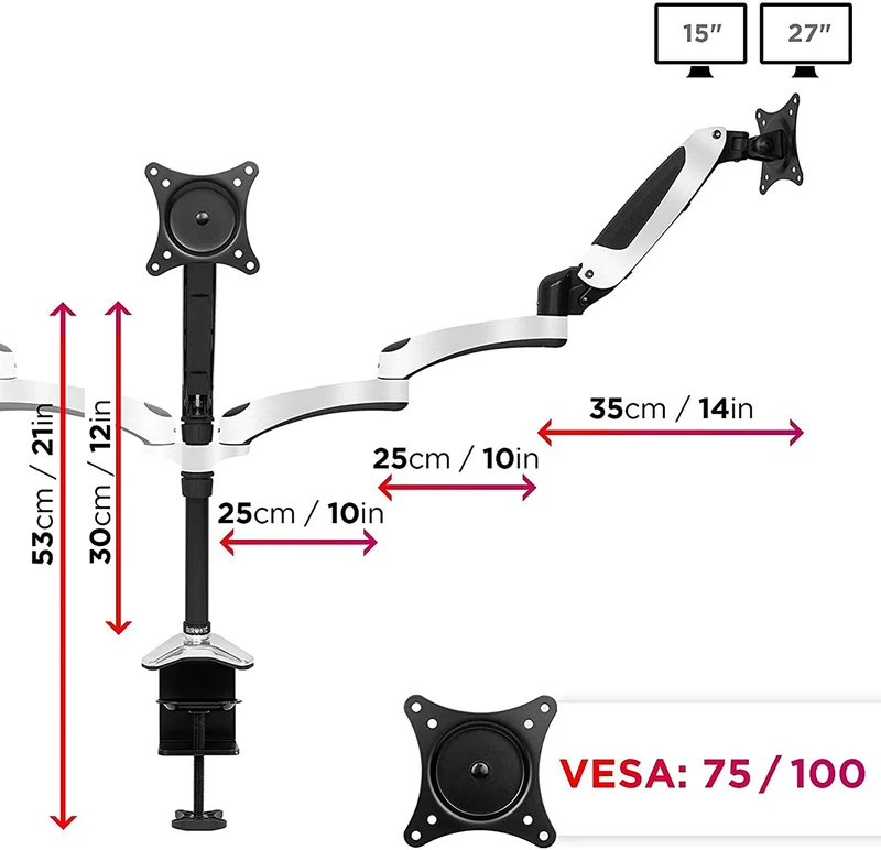 Duronic DM653 BK Braccio per 3 monitor da 15 a 27 pollici | Supporto schermi triplo | Inclinazione e altezza regolabile | VESA 75 100 | Supporto monitor con tensione gas per PC | Con morsetto