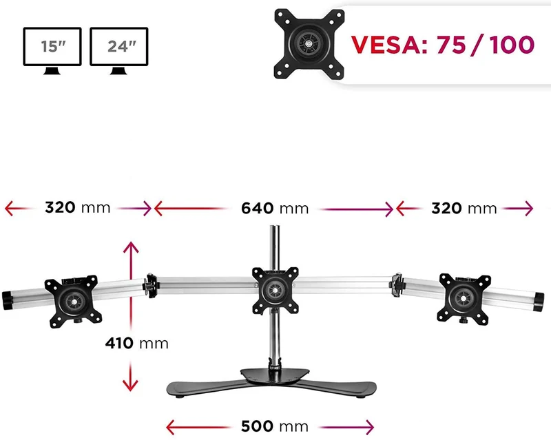 Duronic DM753 Supporto per 3 monitor - Base in acciaio per schermi fino a 24" - Altezza regolabile - Guida in alluminio per schermi fino a 8 kg - Inclinazione +/-15° - Rotazione schermi 360°