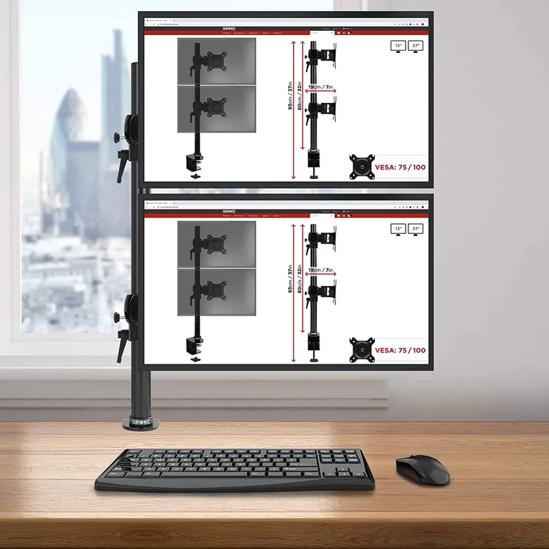 Duronic DM35V2X2 BK Supporto Monitor doppio per 2 schermi da 13-27 pollici, Braccio monitor PC ergonomico fino 8kg, VESA 75/100, regolabile altezza inclinazione girevole, per ufficio casa scuola, nero