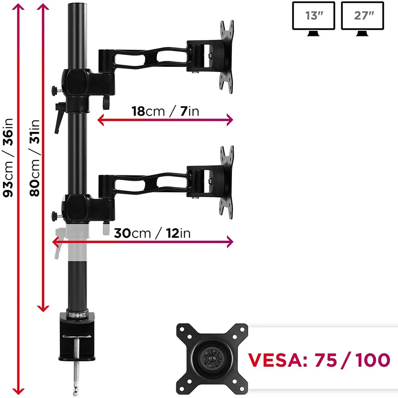 Duronic DM35V2X2 BK Supporto Monitor doppio per 2 schermi da 13-27 pollici, Braccio monitor PC ergonomico fino 8kg, VESA 75/100, regolabile altezza inclinazione girevole, per ufficio casa scuola, nero