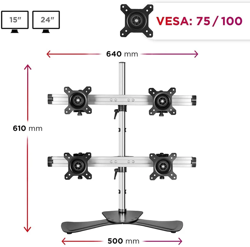Duronic DM754 Supporto per 4 monitor - Base in acciaio per schermi fino a 24" - Altezza regolabile - Guida in alluminio per schermi fino a 8 kg - Inclinazione +/-15° - Rotazione schermi 360°