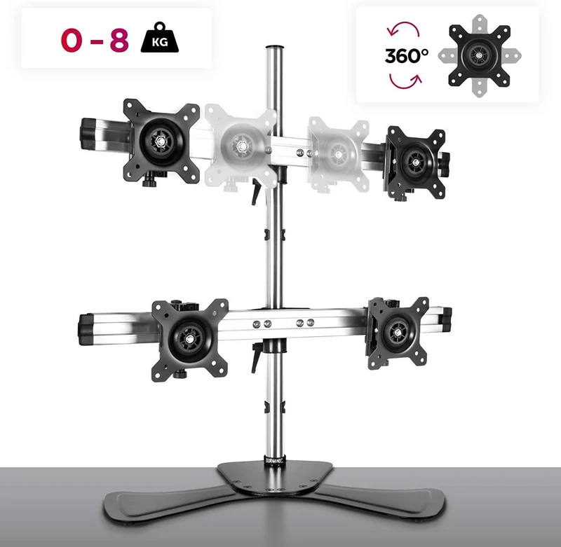 Duronic DM754 Supporto per 4 monitor - Base in acciaio per schermi fino a 24" - Altezza regolabile - Guida in alluminio per schermi fino a 8 kg - Inclinazione +/-15° - Rotazione schermi 360°