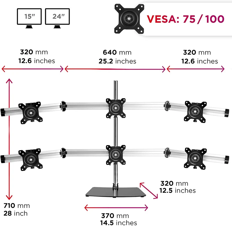 Duronic DM756 Supporto per 6 monitor - Base in acciaio per schermi fino a 24" - Altezza regolabile - Guida in alluminio per schermi fino a 5 kg - Inclinazione +/-15° - Rotazione schermi 360°