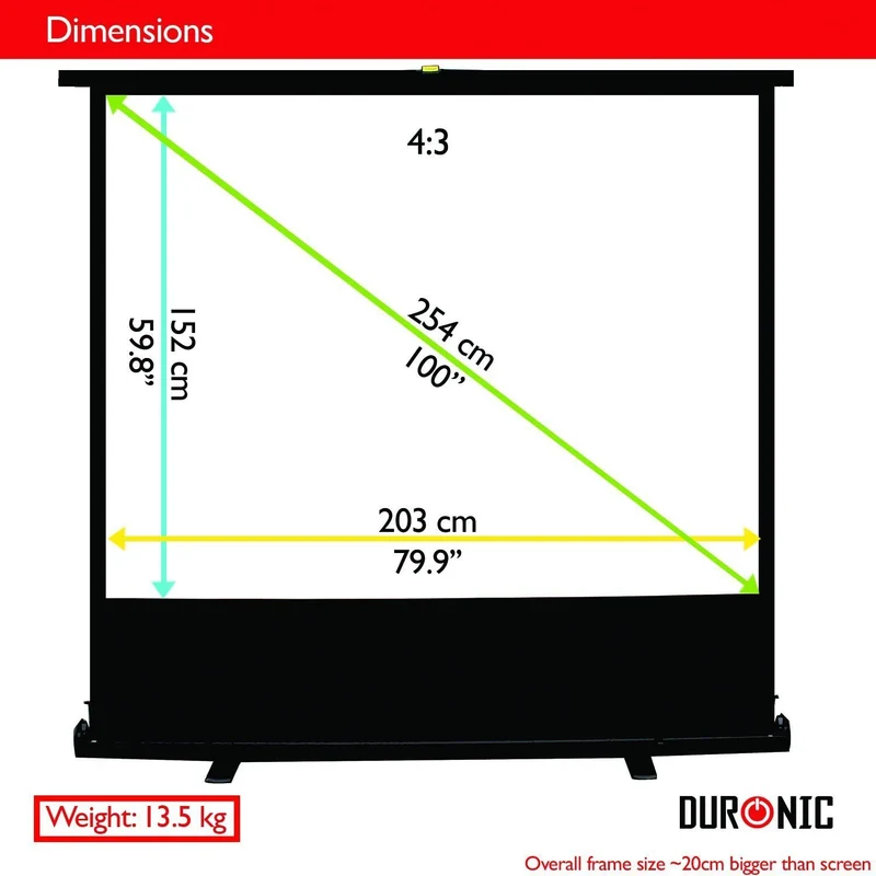 Duronic FPS100 /43 schermo di proiezione 100 formato 4:3 / 203 X 152 cm - telo proiettore retrattile auto-portante per videoproiettore Full HD 3D 4K - Home cinema home theater ufficio