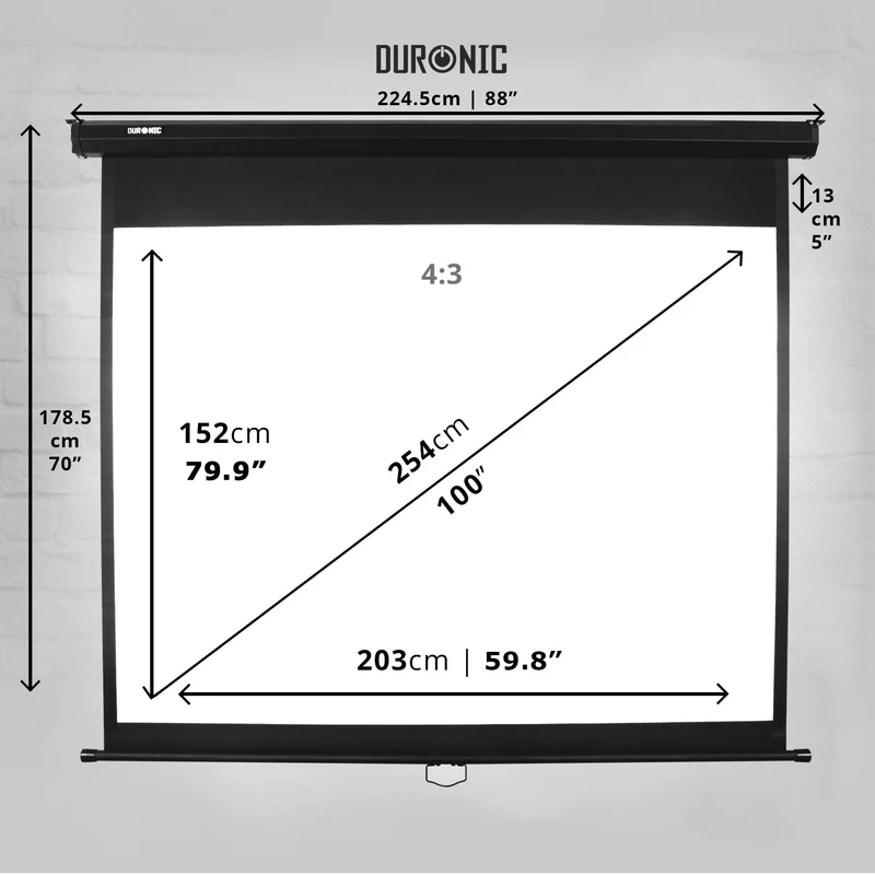 Duronic MPS100 /43 Schermo di proiezione 100 formato 4:3 / 203 X 152 cm telo proiettore da proiezione a sviluppo manuale - Fissaggio a muro o a soffitto - Full HD 3D 4K - Home cinema theater ufficio