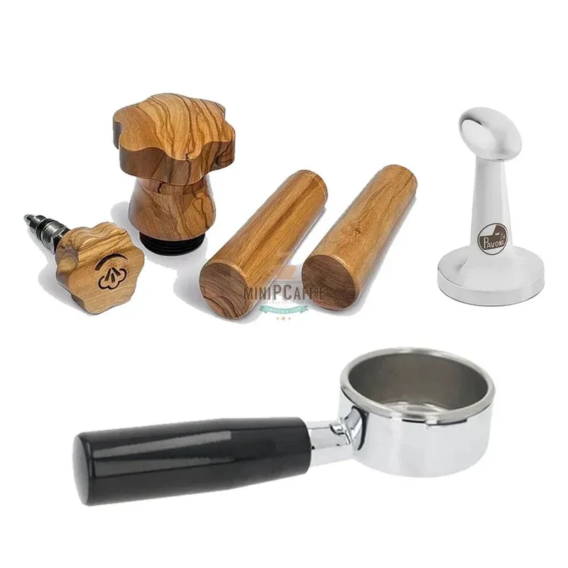 La Pavoni Olive Wood Handle Set with Bottomless Portafilter and Tamper