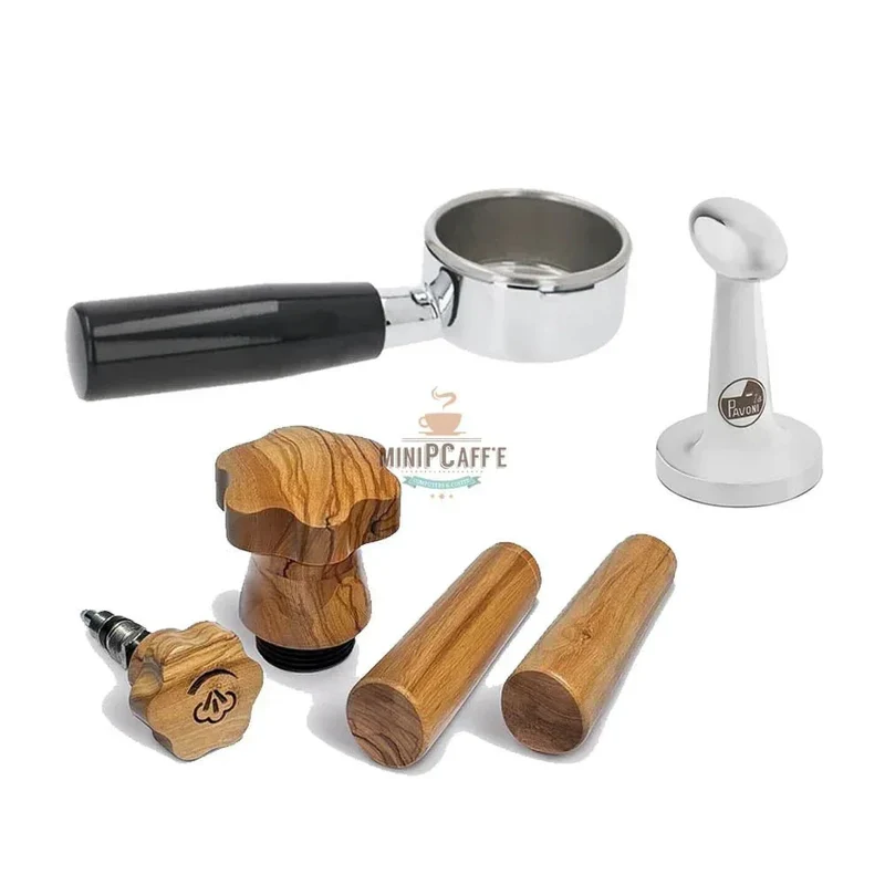 La Pavoni Olive Wood Handle Set with Bottomless Portafilter and Tamper