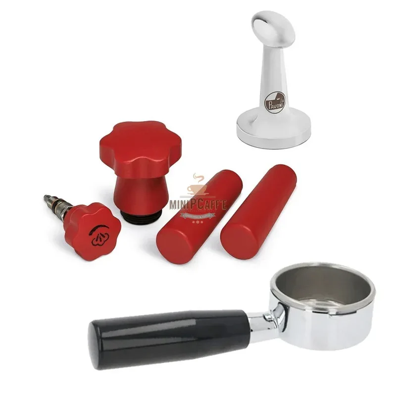 La Pavoni Red Wood Handle Set with Bottomless Portafilter and Tamper