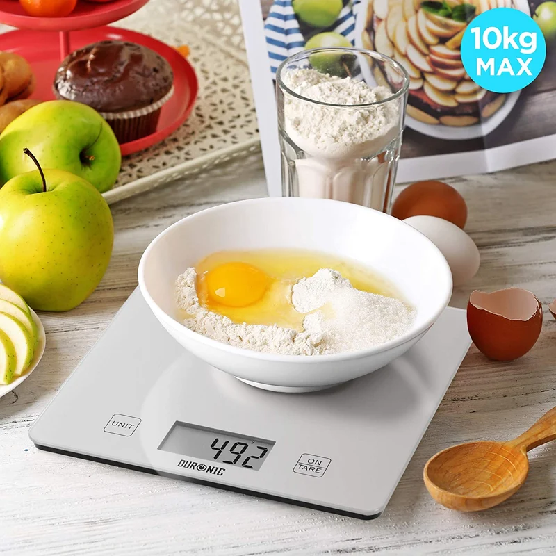 Duronic KS1080 Bilancia da cucina - Bilancia ad alta precisione con display digitale - Portata 1g / 5 kg - Piattaforma in vetro argento - Funzione Tara - Ideale per cucina e pasticceria