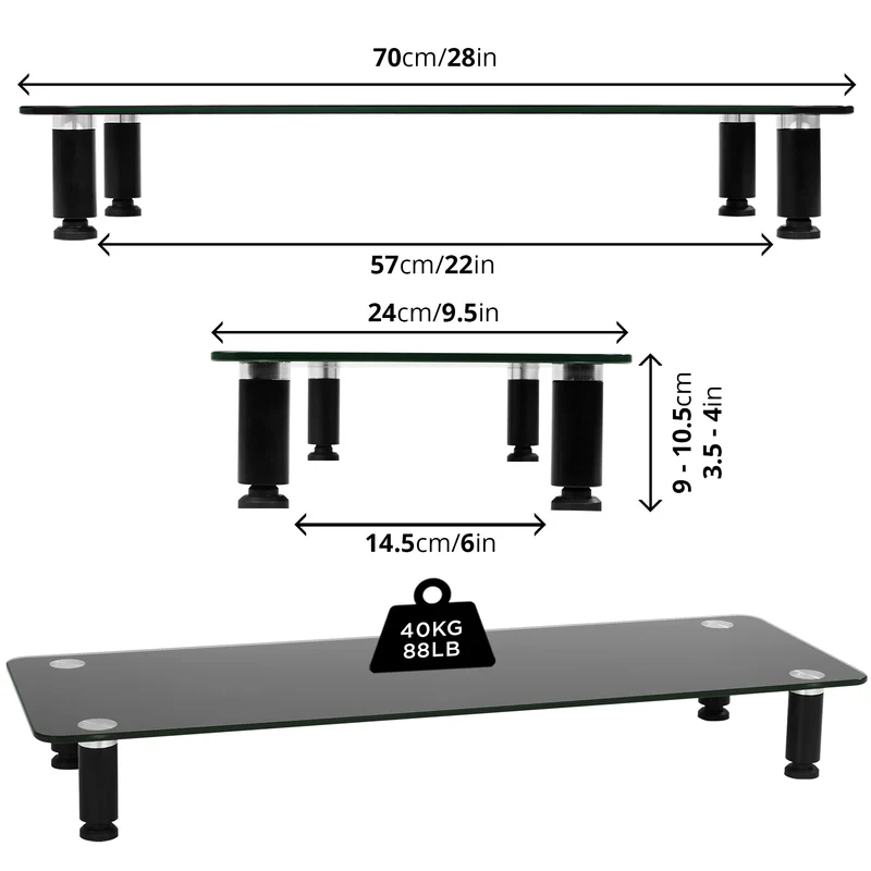 Duronic DM052-4 Supporto monitor scrivania dimensioni 70 x 24 cm - Supporto da tavolo regolabile per monitor e Laptop - Vetro temperato nero - Capacità 20kg - Mensola ergonomica per scrivania