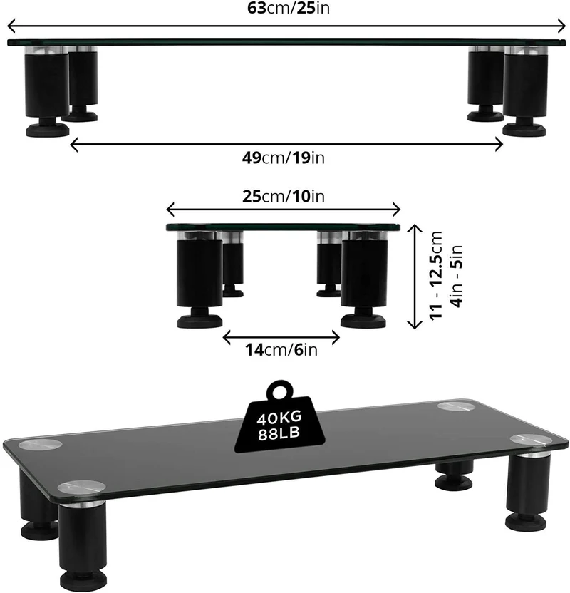Duronic DM052-3 Supporto monitor scrivania dimensioni 70 x 24 cm - Supporto da tavolo regolabile per monitor e Laptop - Vetro temperato - Capacità 20kg - Mensola ergonomica per scrivania